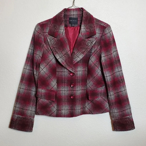 Tribal Womens Plaid Wool Blend Blazer Jacket crandberry magenta/Grey Size 10 - Picture 1 of 15
